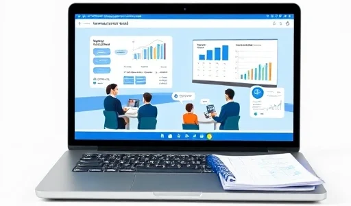A modern online accounting school interface on a laptop screen, showing interactive financial charts, virtual classroom with students and teacher, digital notebooks with accounting formulas, and a clean professional design with blue and white color scheme, representing contemporary financial education