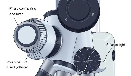 A detailed illustration of the Olympus BX43 microscope showing the phase contrast and polarization contrast adjustment controls: phase contrast ring slider and turret with labeled objectives, and polarization analyzer and polarizer dials with visible light paths indicating phase shift and polarized light interaction, all rendered in a clean, technical, smallHQ style with precise linework and subtle shading, no text or labels visible