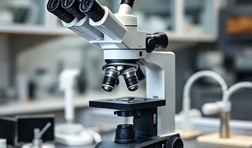 A compact and powerful stereo microscope Zeiss Stemi 305 on a laboratory bench, with clear optics, ergonomic design, and modern industrial styling, illuminated by soft lab lighting, showing detailed metal and plastic components, no text or labels visible