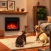 A cozy living room with a modern electric fireplace emitting gentle warmth, a curious cat and a relaxed dog sitting safely nearby on a soft rug, no visible hazards, warm ambient lighting, realistic style