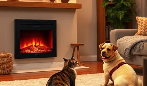 A cozy living room with a modern electric fireplace emitting gentle warmth, a curious cat and a relaxed dog sitting safely nearby on a soft rug, no visible hazards, warm ambient lighting, realistic style