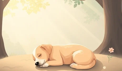 A respectful and serene illustration of a small dog peacefully resting in a soft, natural setting with gentle sunlight filtering through trees, surrounded by subtle floral elements and a quiet atmosphere, symbolizing dignity and calm during the cremation process, without any text, symbols, or human figures