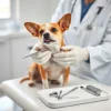 A calm veterinary dental clinic scene showing a small dog sitting on an examination table, a veterinarian in a white coat gently examining the dog's teeth with a dental mirror and probe, dental tools neatly arranged on a tray nearby, soft natural lighting, clean and professional environment, no text or labels visible