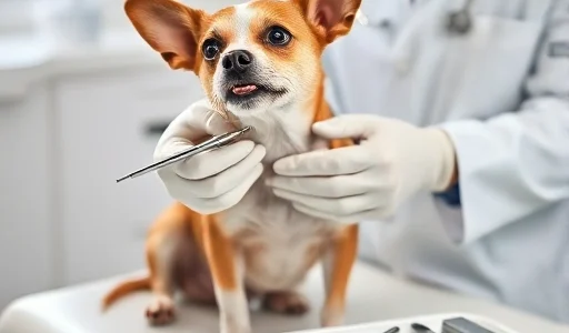 A calm veterinary dental clinic scene showing a small dog sitting on an examination table, a veterinarian in a white coat gently examining the dog's teeth with a dental mirror and probe, dental tools neatly arranged on a tray nearby, soft natural lighting, clean and professional environment, no text or labels visible