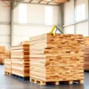 A clean, well-lit warehouse interior showing neatly stacked wooden lumber planks of various sizes and types (pine, oak, spruce) on pallets, with visible grain texture, natural wood tones, and subtle shadows; a measuring tape and a carpenter's square rest on top of one stack; soft daylight filters through high windows; no people, no text, no signs, no logos, no machinery, no debris
