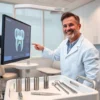 A modern dental clinic interior showing a patient smiling confidently with a full set of natural-looking upper and lower teeth restored via All-on-4 dental implants, a dentist in a white coat pointing to a digital 3D model of the jaw on a screen, surgical tools and implant components neatly arranged on a sterile tray, soft natural lighting, high detail, realistic medical illustration style