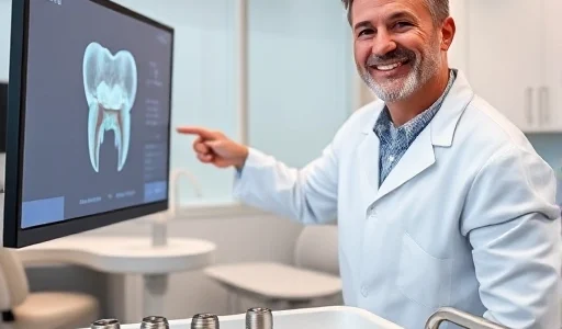 A modern dental clinic interior showing a patient smiling confidently with a full set of natural-looking upper and lower teeth restored via All-on-4 dental implants, a dentist in a white coat pointing to a digital 3D model of the jaw on a screen, surgical tools and implant components neatly arranged on a sterile tray, soft natural lighting, high detail, realistic medical illustration style