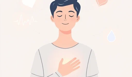A serene, minimalist illustration of a person gently touching their chest with a calm expression, surrounded by subtle glowing health symbols like a heartbeat line, a leaf, and a water droplet, all in soft pastel tones, emphasizing mindfulness and early awareness of bodily signals, no text or labels