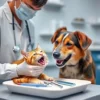 A calm veterinary clinic scene showing a veterinarian gently examining a cat's and a dog's teeth, with dental tools on a clean tray, soft lighting, and a reassuring atmosphere; no text, no letters, no digits visible