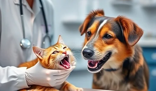 A calm veterinary clinic scene showing a veterinarian gently examining a cat's and a dog's teeth, with dental tools on a clean tray, soft lighting, and a reassuring atmosphere; no text, no letters, no digits visible