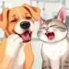 A close-up illustration of a dog and a cat showing signs of dental pain: the dog is pawing at its mouth with a whimpering expression, the cat is drooling and avoiding food, both animals have visible swollen gums and tartar buildup on their teeth, soft natural lighting, veterinary clinic background with subtle medical equipment, focus on facial expressions and oral discomfort