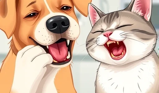 A close-up illustration of a dog and a cat showing signs of dental pain: the dog is pawing at its mouth with a whimpering expression, the cat is drooling and avoiding food, both animals have visible swollen gums and tartar buildup on their teeth, soft natural lighting, veterinary clinic background with subtle medical equipment, focus on facial expressions and oral discomfort