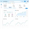 A modern digital marketing automation dashboard with sleek interface showing automated email sequences, social media scheduling, lead scoring graphs, and conversion rate analytics, all visualized with clean icons and flowing data lines in a professional corporate color scheme of blues and whites, minimalistic design, high detail, no text or numbers visible