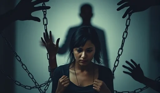 A symbolic image showing a family member of a drug addict trapped in invisible chains made of hands reaching out from shadows, representing emotional entanglement and codependency, with a blurred figure of the addict in the background, muted cool tones with one warm accent on the trapped relative’s face, conveying isolation and emotional burden, no text or labels