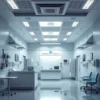 A modern, clean emergency medical facility interior with soft lighting, a reception desk, medical equipment, and a calm atmosphere, symbolizing 24/7 anonymous narcological assistance, no visible text or signs