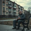 A somber, realistic scene in a quiet residential area of Tver, Russia: a middle-aged man sitting alone on a worn wooden bench outside a modest apartment building at dusk, holding an empty vodka bottle, his gaze distant and weary; faded Soviet-era architecture in the background, overcast sky, muted colors, subtle signs of neglect — peeling paint, littered ground, no people nearby — conveying silent despair and the hidden toll of alcoholism without text, symbols, or explicit imagery