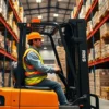 A professional forklift operator in a modern warehouse, wearing safety gear including a high-visibility vest and hard hat, operating a forklift with precision while loading pallets onto shelves, with clear aisles, organized inventory, and safety signs visible in the background, realistic lighting, detailed textures, no text or symbols in the image