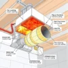 A detailed illustration of fire protection systems for ventilation ducts in construction, showing fire-resistant coatings, mineral wool insulation, and intumescent wraps applied to metal ducts within a building ceiling or wall assembly, with labeled components indicating compliance with fire safety standards, in a clean technical diagram style