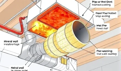 A detailed illustration of fire protection systems for ventilation ducts in construction, showing fire-resistant coatings, mineral wool insulation, and intumescent wraps applied to metal ducts within a building ceiling or wall assembly, with labeled components indicating compliance with fire safety standards, in a clean technical diagram style