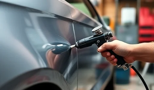 A person painting their car with a spray gun in a home garage, focusing on the car's side panel being refreshed with new paint, tools and paint cans nearby, realistic lighting, detailed textures of metal and paint, no text or signs visible