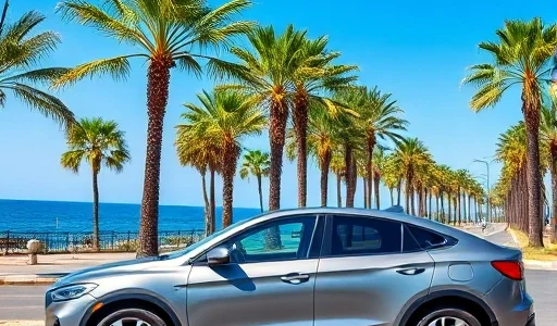 A modern rental car parked near a palm tree-lined street in Sochi or Adler, with the Black Sea visible in the background under a clear blue sky, the car branded with 'HORSE CAR' in clean, professional lettering, no people visible, focus on the vehicle and scenic coastal environment, realistic photography style, high detail, natural lighting