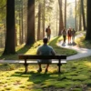 A serene, hopeful scene of a person in recovery sitting on a wooden bench in a sunlit forest clearing, surrounded by soft green moss, wildflowers, and gentle rays of morning light filtering through tall trees. In the background, a small group of diverse individuals in casual clothing walk together on a winding path, symbolizing community and support. No text, no symbols, no medical equipment, no substances — only natural elements and human connection conveying healing and wholeness.