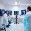 A modern medical diagnostic center with doctors reviewing patient scans on digital screens, a physiotherapist guiding a patient through rehabilitation exercises, and symbols of health like a heartbeat line and a recovering silhouette, all in a clean, professional environment emphasizing the link between accurate diagnosis and successful recovery