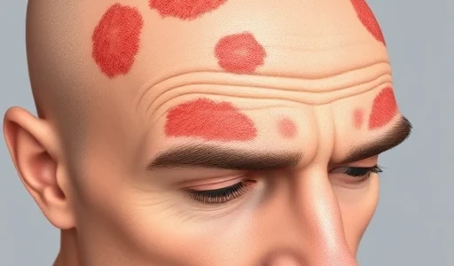 A detailed medical illustration showing seborrheic dermatitis on human skin: red, flaky patches on the scalp, eyebrows, and nasolabial folds, with visible greasy yellowish scales and mild inflammation, rendered in a clean, educational smallHQ style with soft lighting and anatomical accuracy