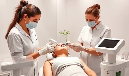 A modern laser hair removal clinic interior with clean white walls, professional staff in medical attire performing a safe and comfortable laser treatment on a relaxed client, soft ambient lighting, advanced laser equipment visible, emphasizing safety, comfort, and long-term results, no text or signs in the image