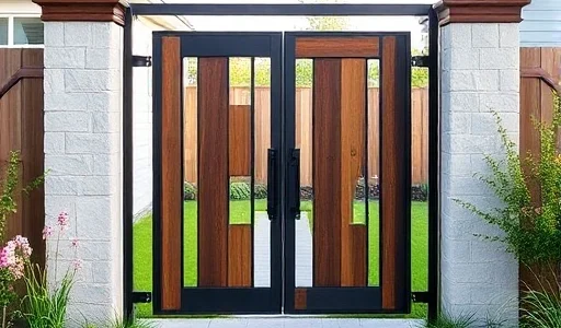 A modern, elegant garden gate with a sleek metal frame and wooden accents, installed in a well-maintained suburban yard with green grass, flowering shrubs, and a paved path leading to it. The gate is closed but inviting, with soft natural daylight, no people, no text, no signs, no logos, no vehicles, no clutter — just the gate and its peaceful surroundings.
