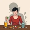 A symbolic illustration showing a person attempting self-treatment for addiction with ineffective or dangerous methods (like herbal remedies, alcohol, or unmarked pills), contrasted with a shadow of professional help (therapist, medical support) in the background, conveying the risks of self-treatment and the myth that addiction can be overcome alone, in a thoughtful and cautionary tone