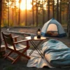 A cozy outdoor glamping and camping scene with comfortable furniture such as a wooden folding chair, a compact camping table with a mug and lantern, a soft sleeping bag on a ground mat, and a small tent in the background, all set in a peaceful forest clearing at golden hour, warm natural lighting, high detail, realistic style