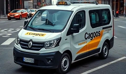 A modern cargo taxi vehicle, such as a small delivery van or light truck, parked in an urban setting with clear visibility of its branding and cargo area, surrounded by typical city elements like buildings, road markings, and distant traffic, emphasizing the concept of goods transportation in a taxi-like service