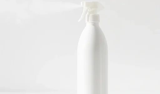 A close-up of a modern hair spray bottle on a clean white surface, with a soft mist of product being sprayed into the air, surrounded by subtle floating droplets and a faint glow to emphasize freshness and lightness, minimalist composition, natural lighting, high detail, no text or labels visible