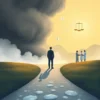 A symbolic illustration of salt addiction treatment showing a person standing at a crossroads: one path leads into a dark, swirling haze representing withdrawal and harm, the other into a calm, sunlit landscape with medical professionals offering support, subtle icons of healing like water droplets and balanced scales floating in the air, no text or numbers visible