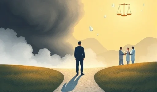 A symbolic illustration of salt addiction treatment showing a person standing at a crossroads: one path leads into a dark, swirling haze representing withdrawal and harm, the other into a calm, sunlit landscape with medical professionals offering support, subtle icons of healing like water droplets and balanced scales floating in the air, no text or numbers visible