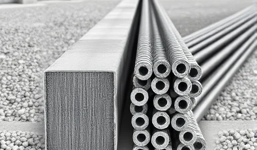 A detailed illustration showing smooth and ribbed steel reinforcement bars (rebar) placed side by side for comparison, with clear visual distinction between the smooth surface of one bar and the helical or longitudinal ribs on the other, set against a neutral construction site background with concrete forms and gravel, emphasizing texture and material properties, no text, no labels, no digits, no people, no machinery