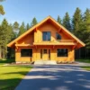 A modern, cozy wooden house made of glued laminated timber (glulam) under construction or completed, surrounded by a green forest and clear sky, with a paved driveway leading to the entrance, warm sunlight highlighting the natural wood texture, no people, no text, no signs, no vehicles, no logos, realistic architectural rendering, high detail, smallHQ style