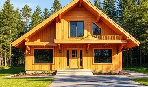 A modern, cozy wooden house made of glued laminated timber (glulam) under construction or completed, surrounded by a green forest and clear sky, with a paved driveway leading to the entrance, warm sunlight highlighting the natural wood texture, no people, no text, no signs, no vehicles, no logos, realistic architectural rendering, high detail, smallHQ style