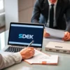 A professional business setting showing a person signing a delivery contract with a SDEK representative, with a laptop displaying the SDEK logo and contract details on a desk, a branded SDEK envelope and package nearby, modern office background with neutral tones, clean and realistic style