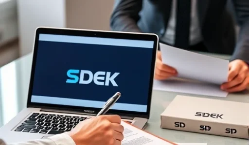 A professional business setting showing a person signing a delivery contract with a SDEK representative, with a laptop displaying the SDEK logo and contract details on a desk, a branded SDEK envelope and package nearby, modern office background with neutral tones, clean and realistic style