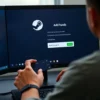 A person using a computer to add funds to their Steam wallet, showing the Steam interface with a 'Add Funds' button, a credit card or digital wallet being used, and the balance increasing, all in a clean, modern digital style