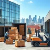 A professional office and warehouse relocation scene showing movers carefully transporting office furniture, computers, and boxes from a modern office building to a truck, with labeled crates, a forklift in the warehouse loading pallets, and a city skyline in the background under clear daylight, emphasizing organization and efficiency