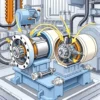 A detailed technical illustration of hydraulic motors in a hydraulic system, showing internal components such as gears, pistons, or vanes, with fluid flow arrows indicating direction of hydraulic fluid, mounted on a base with connecting hoses and valves, labeled in a clean schematic style, no text or numbers visible, industrial setting, high precision, smallHQ style