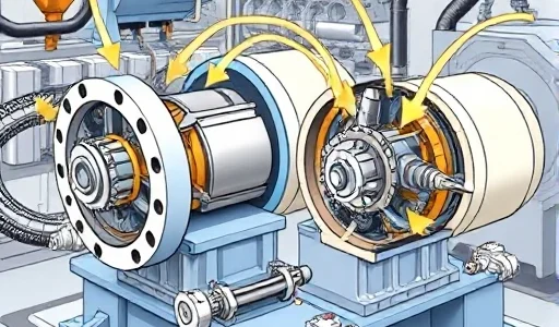 A detailed technical illustration of hydraulic motors in a hydraulic system, showing internal components such as gears, pistons, or vanes, with fluid flow arrows indicating direction of hydraulic fluid, mounted on a base with connecting hoses and valves, labeled in a clean schematic style, no text or numbers visible, industrial setting, high precision, smallHQ style