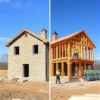 A side-by-side comparison of stone house construction and frame house construction: on the left, a partially built stone house with visible stone walls, mortar, and traditional masonry tools; on the right, a frame house under construction with wooden studs, sheathing, and modern framing tools; both set on similar foundations under a clear sky, with construction workers in safety gear working on each, realistic lighting, detailed textures, no text or labels