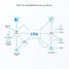 A modern digital illustration showing a network diagram with interconnected nodes representing CPA and affiliate marketing: one side features advertisers, offers, and landing pages; the other side shows publishers, traffic sources, and conversion tracking; subtle icons of money flow, clicks, and conversions connect them; clean flat design with soft gradients, minimal text, professional tech aesthetic, no visible letters or numbers