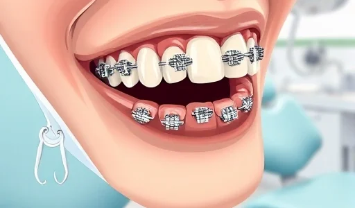 A detailed illustration of a dental patient with braces on their teeth, showing close-up view of metal brackets and wires attached to upper and lower dental arches, with a clean dental chair and dental tools in the background, soft natural lighting, realistic medical illustration style