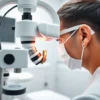 A modern dental clinic in Prague featuring a dentist using a dental microscope for endodontic treatment, with close-up view of the microscope focused on a tooth, clean white clinical environment, soft natural lighting, professional and calm atmosphere, no text or labels visible