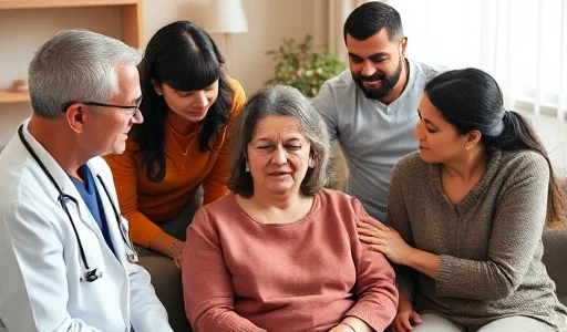 A compassionate scene showing a diverse group of people — a doctor, a therapist, and family members — supporting a person in recovery from drug addiction in a calm, modern rehabilitation center. Soft natural light, warm colors, no text or symbols, focus on human connection and hope.